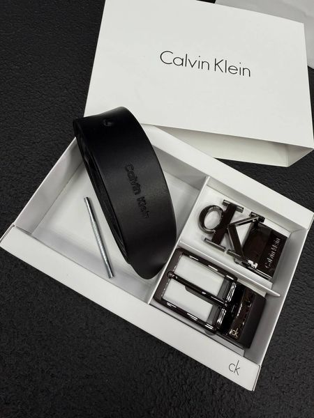Чоловічий подарунковий набір Calvin Klein  ремінь із двома пряжками з натуральної шкіри Чорний к010 фото