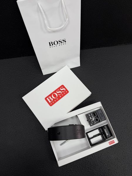 Мужской подарочный набор HUGO BOSS ремень с двумя пряжками из натуральной кожи Черный 219 фото